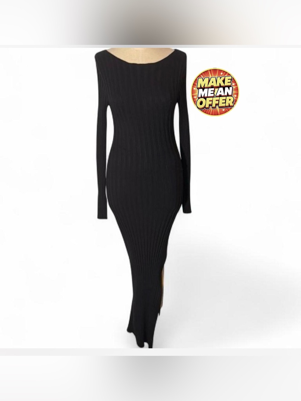 Brand New Black Long Sleeve Ribbed Maxi Dress With Slit - SZ M